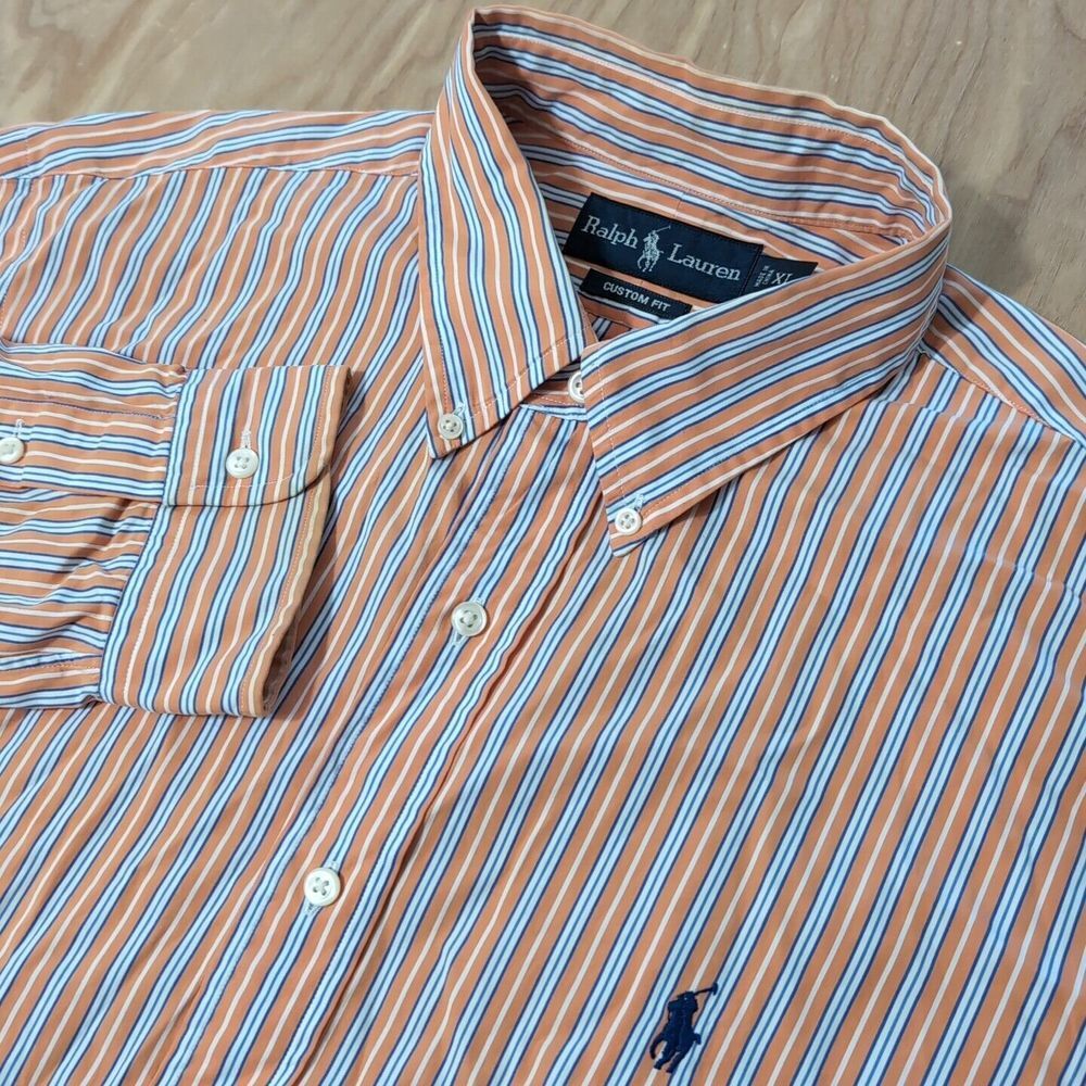 Ralph Lauren Mens XL Custom Fit Long Sleeve Button Down Orange Blue White Stripe